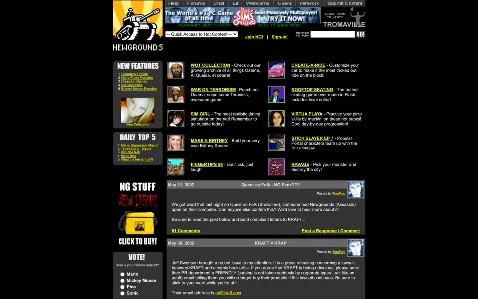 newgrounds.com homepage in 2002