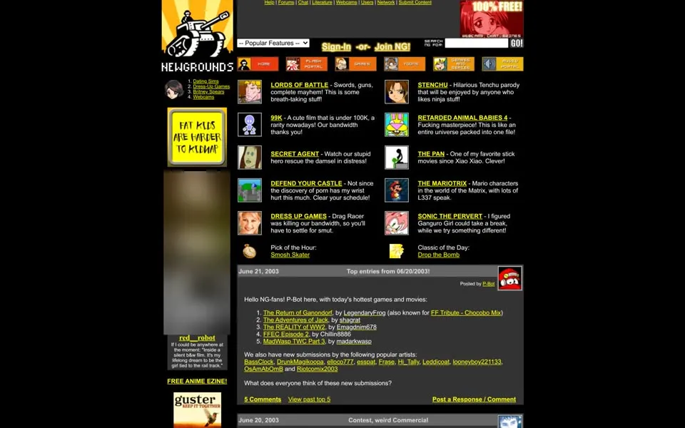 newgrounds.com homepage in 2003