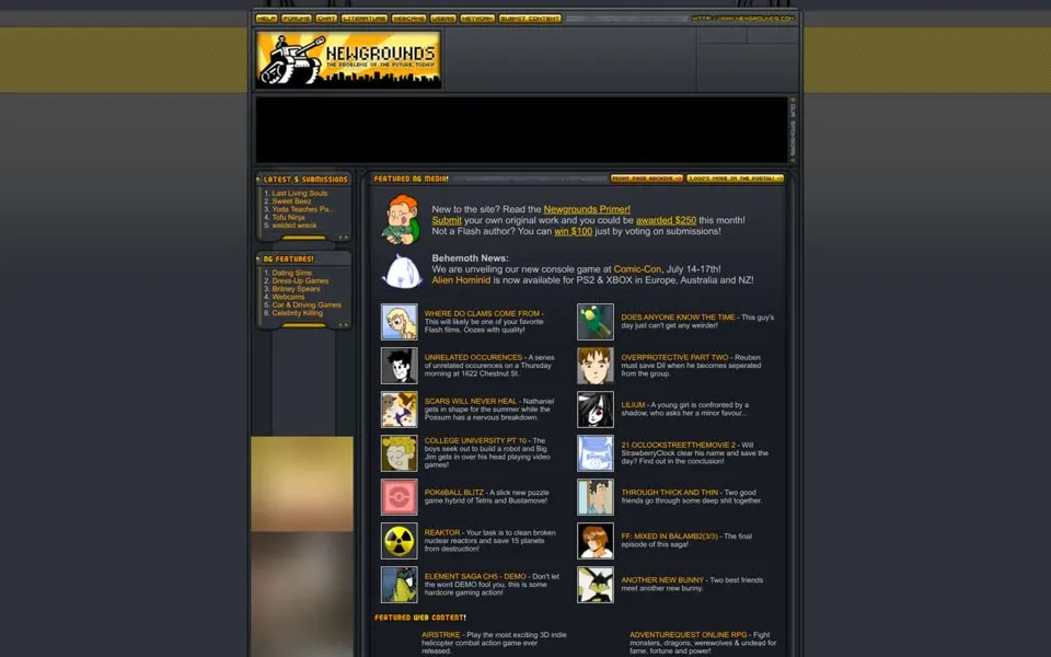 newgrounds.com homepage in 2005