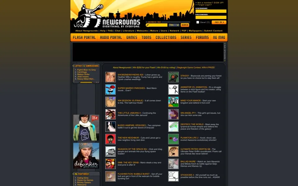 newgrounds.com homepage in 2006