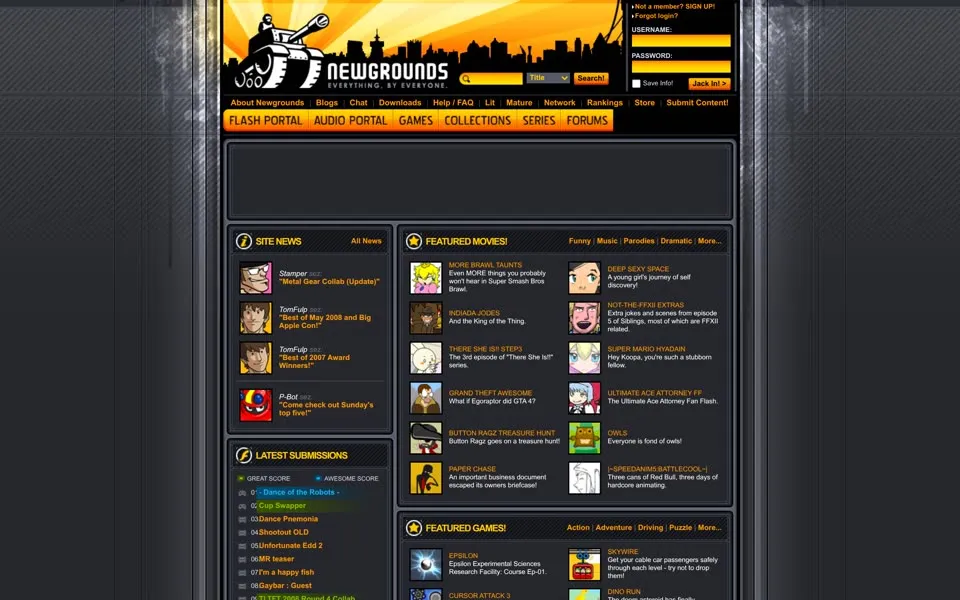 newgrounds.com homepage in 2008