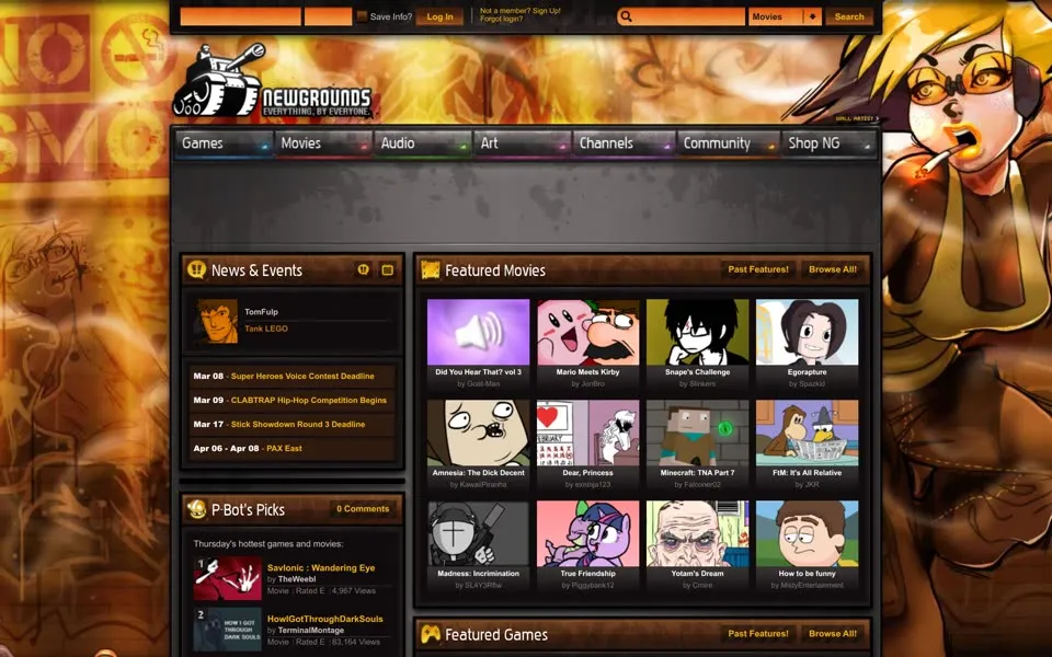 newgrounds.com homepage in 2012