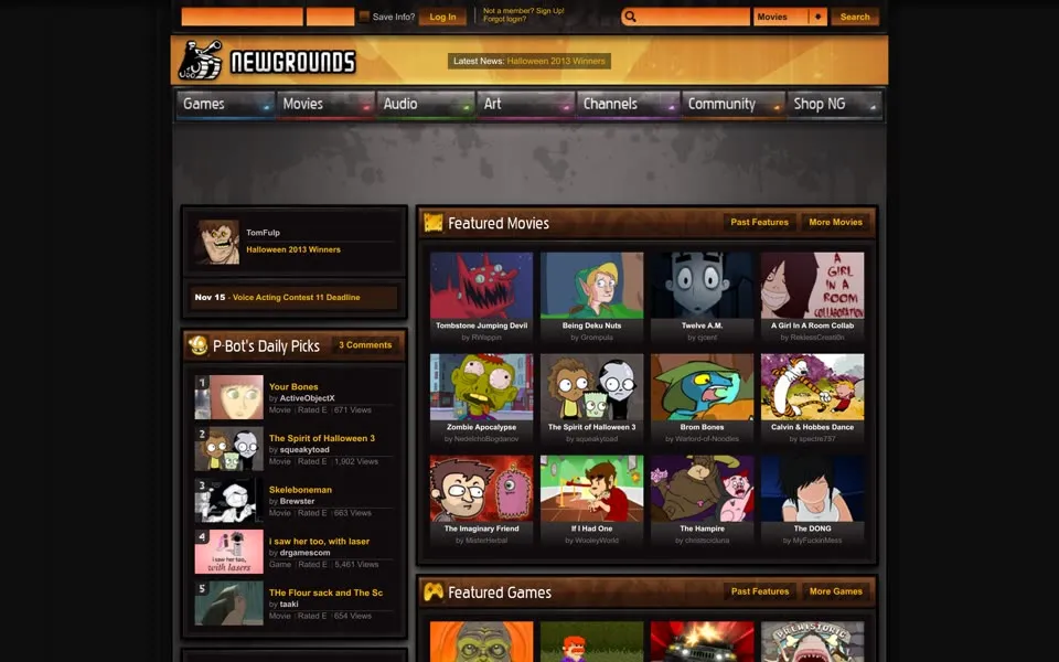 newgrounds.com homepage in 2013