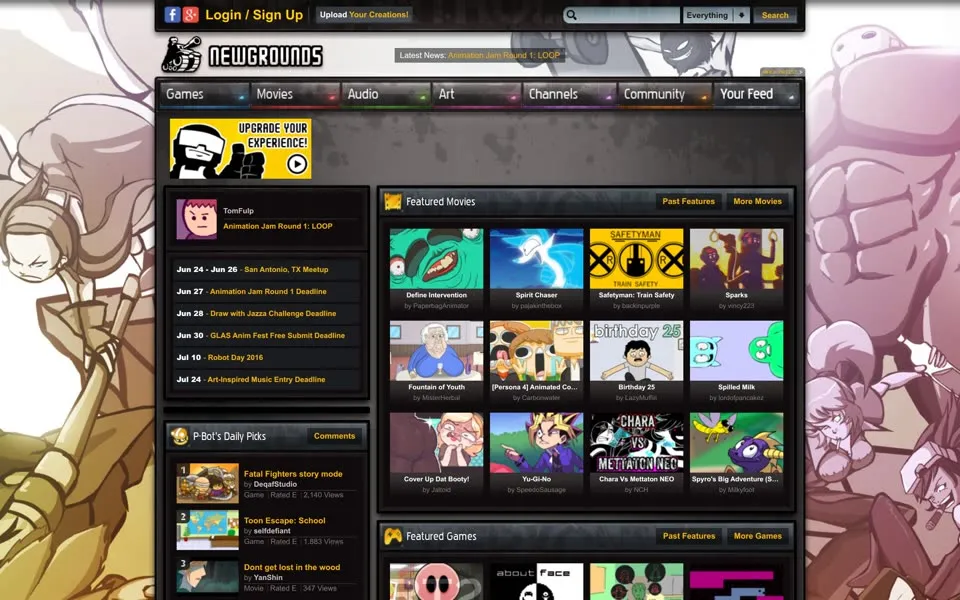 newgrounds.com homepage in 2016
