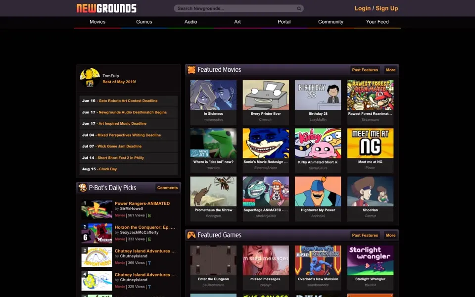 newgrounds.com homepage in 2019