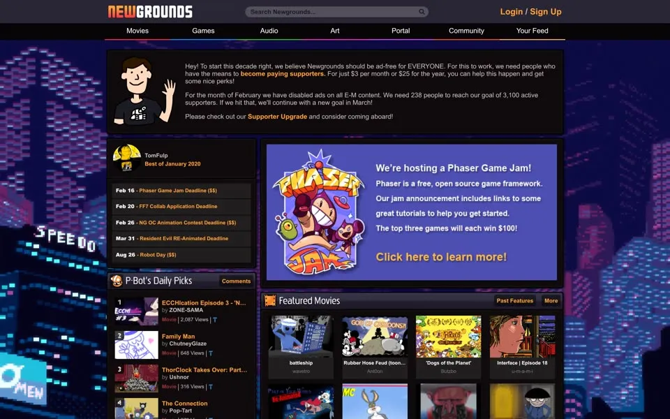 newgrounds.com homepage in 2020