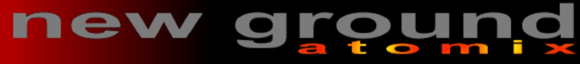 Newgrounds logo on the 1999 newgrounds.com homepage: Wide grey New Ground wordmark with a smaller Atomix name.