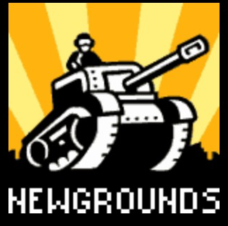 Newgrounds logo on the 2002 newgrounds.com homepage: Tank symbol above a white pixel-style Newgrounds wordmark.