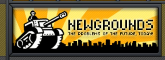 Newgrounds logo on the 2004 newgrounds.com homepage: Tank moves beside the wordmark, with a slogan and city skyline.