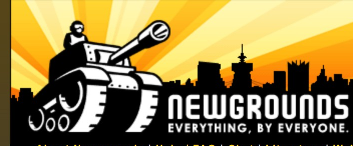 Newgrounds logo on the 2006 newgrounds.com homepage: Redrawn tank and white wordmark with the Everything, By Everyone slogan.