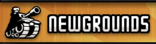 Newgrounds logo on the 2013 newgrounds.com homepage: Compact tank beside a tall white wordmark with a black outline.