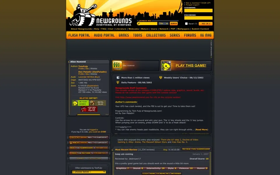 Newgrounds game page for Alien Hominid, January 1, 2007, with the orange Flash Portal menu