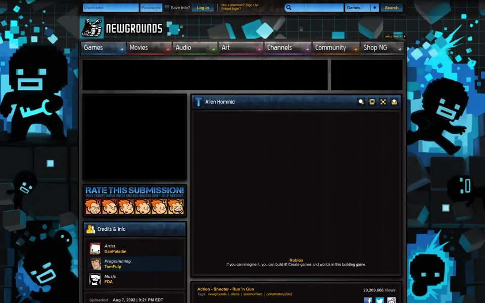 Newgrounds game page for Alien Hominid, January 20, 2013, in the 2012 layout with 20,209,666 views