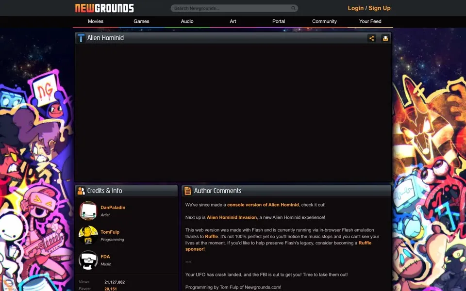 Newgrounds game page for Alien Hominid, February 16, 2022, with an author comment about Ruffle