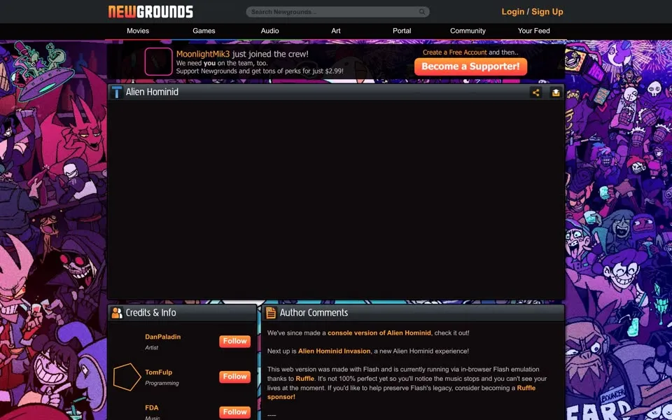 Newgrounds game page for Alien Hominid, January 18, 2026, under the supporter bar