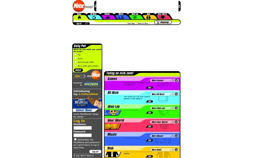 nick.com homepage in 2001