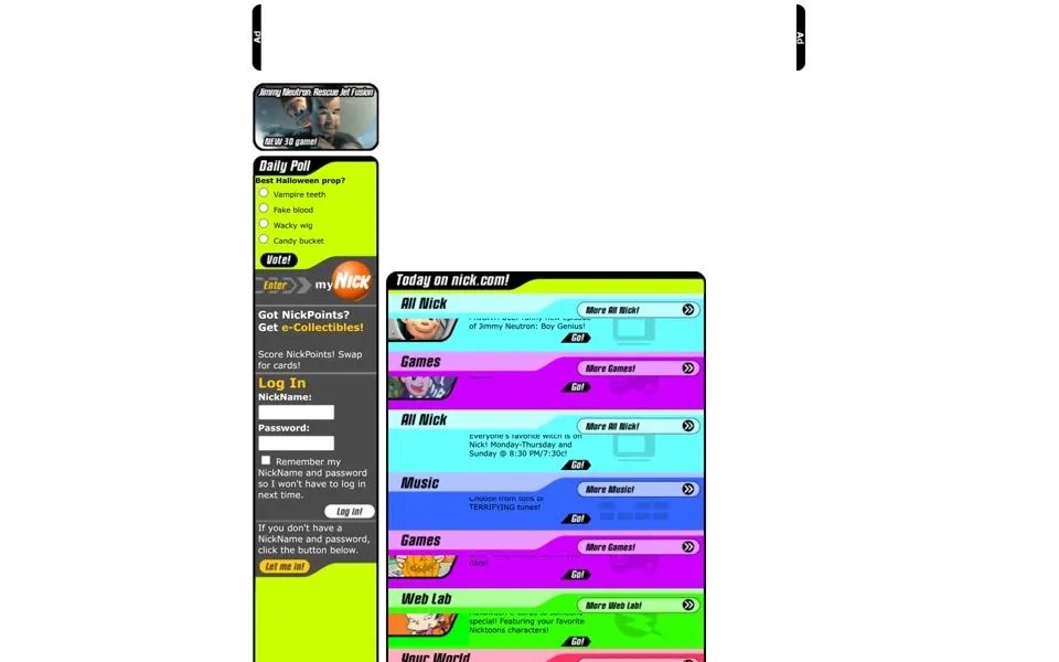 nick.com homepage in 2003