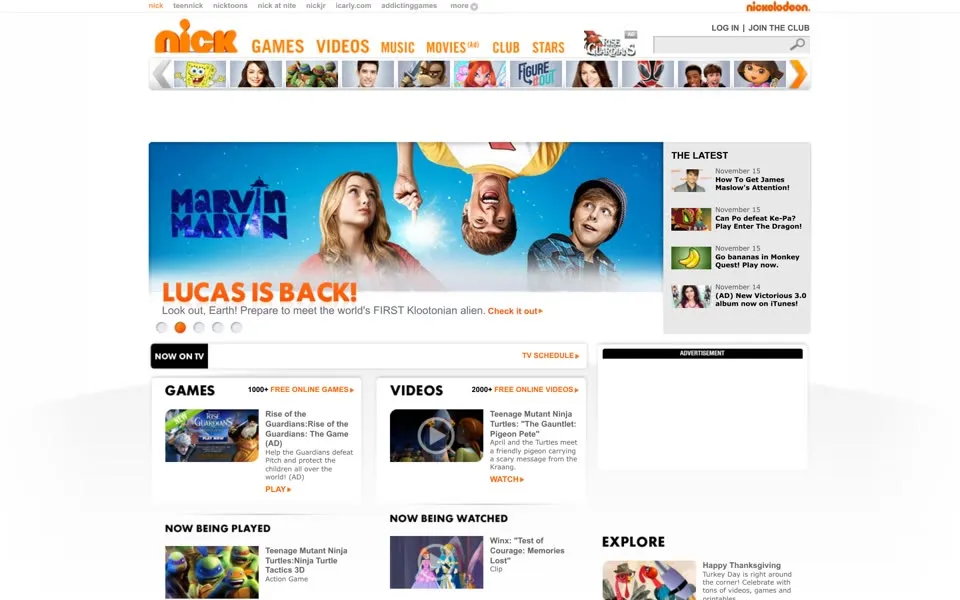 nick.com homepage in 2012
