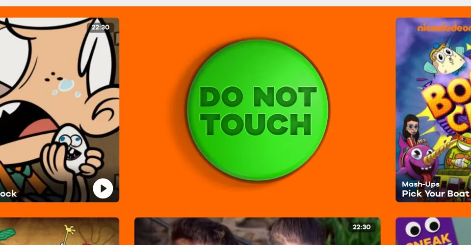 Green DO NOT TOUCH button between episode and game cards on the orange nick.com homepage, November 16, 2017