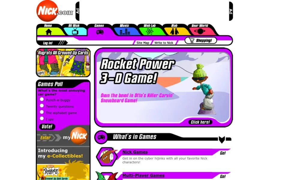 Nick.com games directory, August 1, 2001, with a Rocket Power 3-D Game banner, a Games Poll and a list of game sections