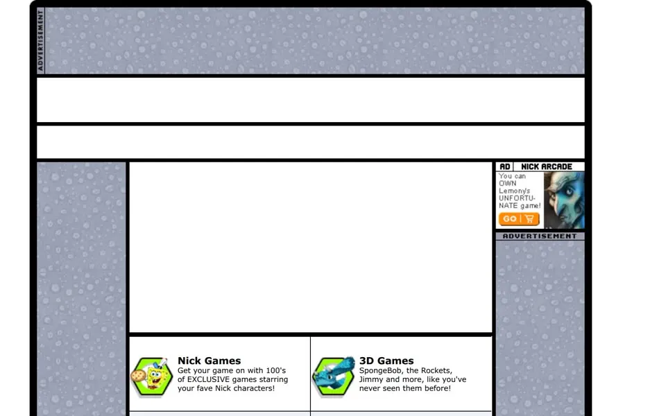 Nick.com games directory, January 1, 2005, with game sections such as Nick Games, 3D Games, Clickamajigs and Nick Arcade below a blank Flash area