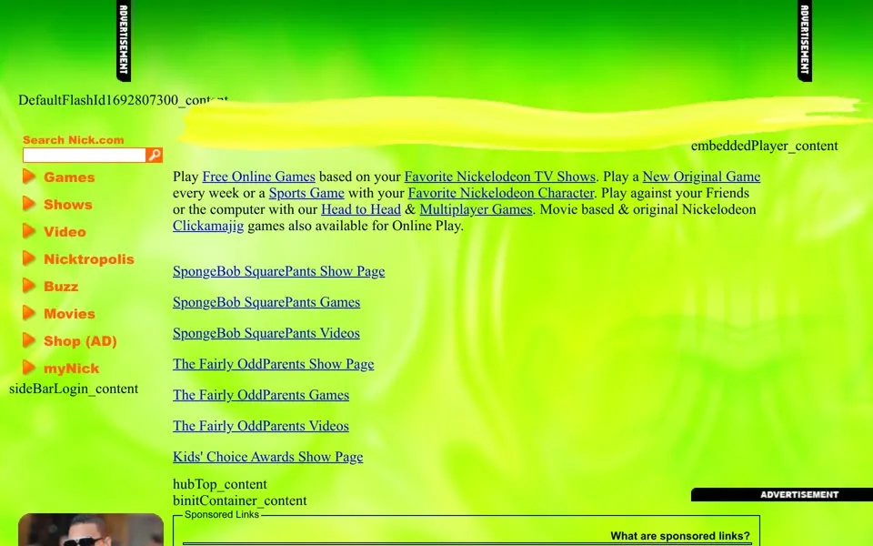 Nick.com games directory, January 1, 2009, on lime green with a Nicktropolis link and a TurboNick full-length episodes tile