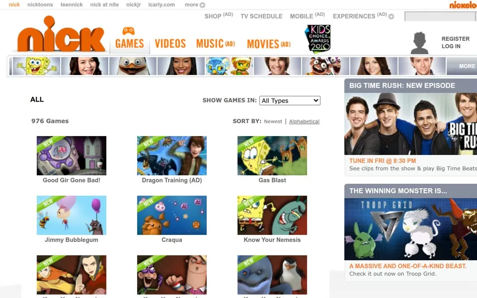 Nick.com games directory, March 1, 2010, showing 976 Games in a grid of game tiles with NEW ribbons