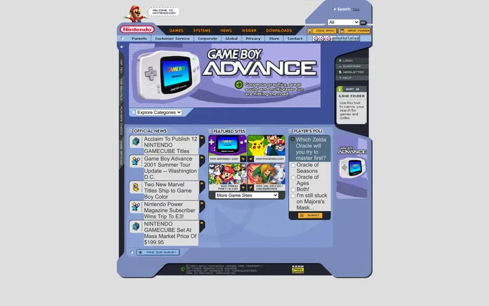 nintendo.com homepage in 2001