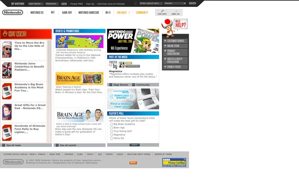 nintendo.com homepage in 2006