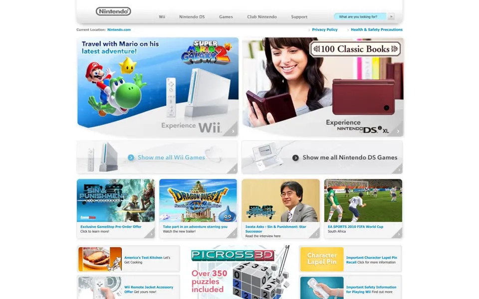 nintendo.com homepage in 2010