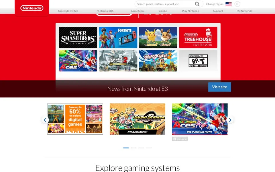 nintendo.com homepage in 2018