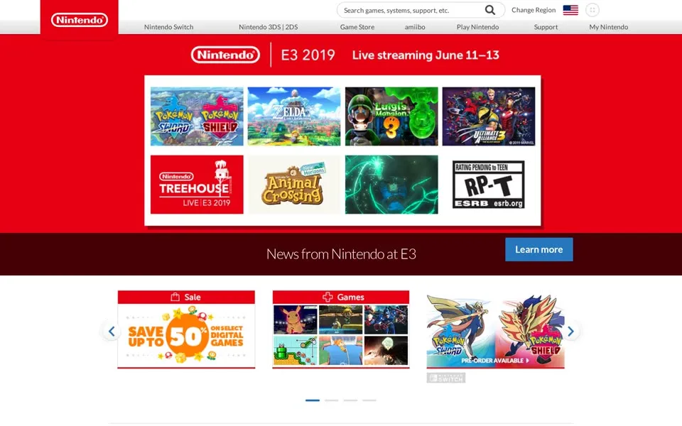 nintendo.com homepage in 2019