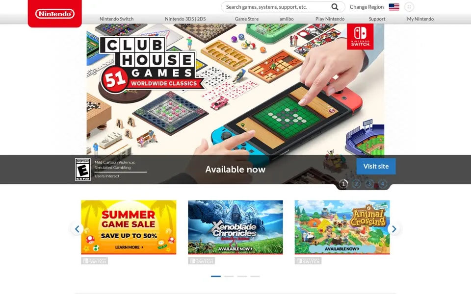 nintendo.com homepage in 2020