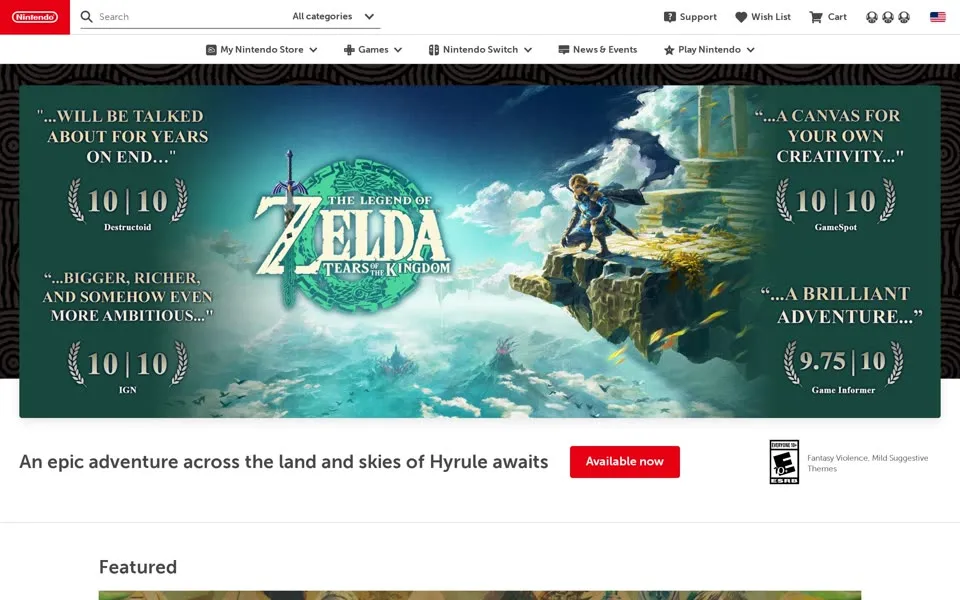 nintendo.com homepage in 2023