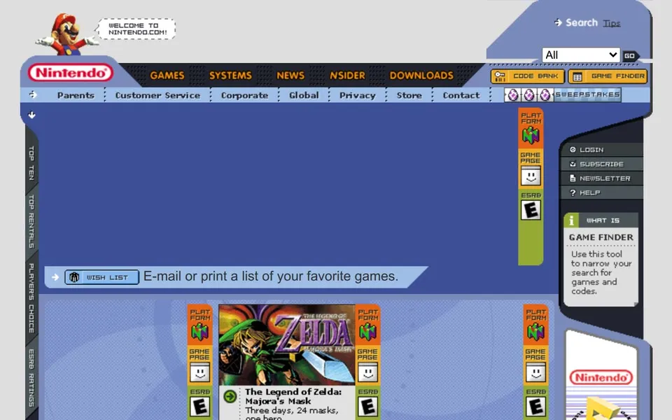 nintendo.com games page, May 17, 2001: purple frame, GAME FINDER box, Wish List bar and The Legend of Zelda: Majora’s Mask