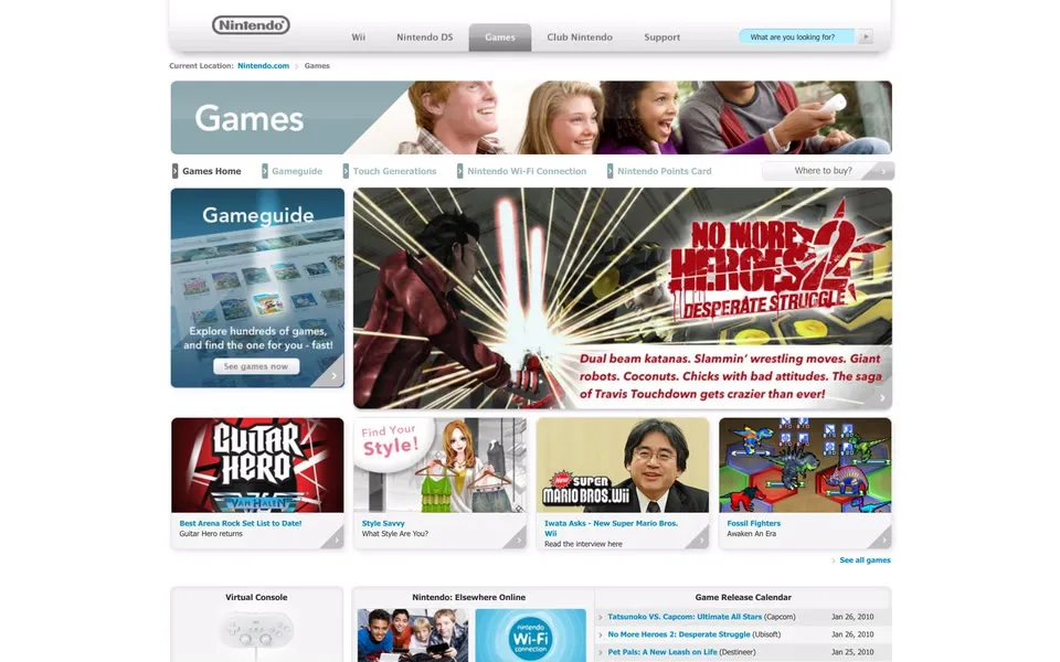 nintendo.com games page, February 3, 2010: Gameguide panel, No More Heroes 2: Desperate Struggle banner and a row of game tiles