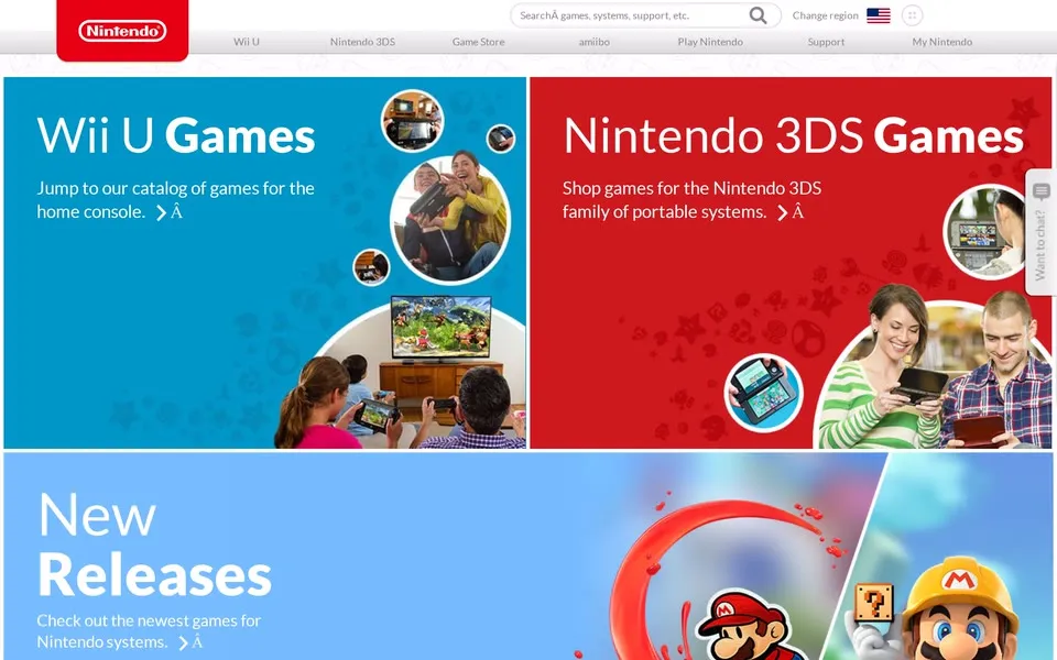 nintendo.com games page, January 2, 2017: blue Wii U Games and red Nintendo 3DS Games panels above New Releases