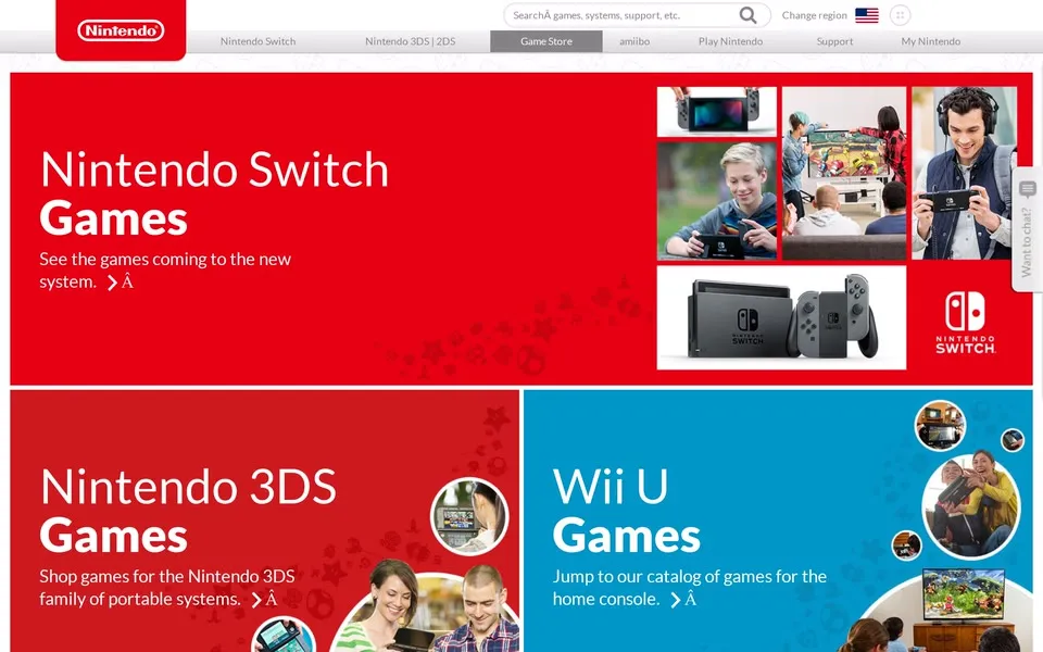 nintendo.com games page, January 4, 2019: a red Nintendo Switch Games panel above smaller Nintendo 3DS Games and Wii U Games panels