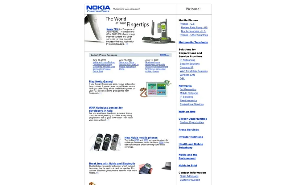 nokia.com homepage in 2000