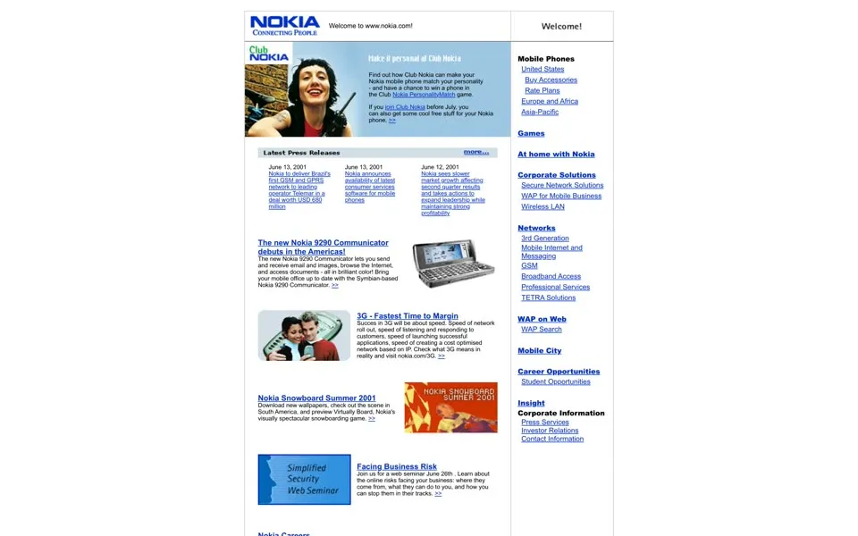 nokia.com homepage in 2001