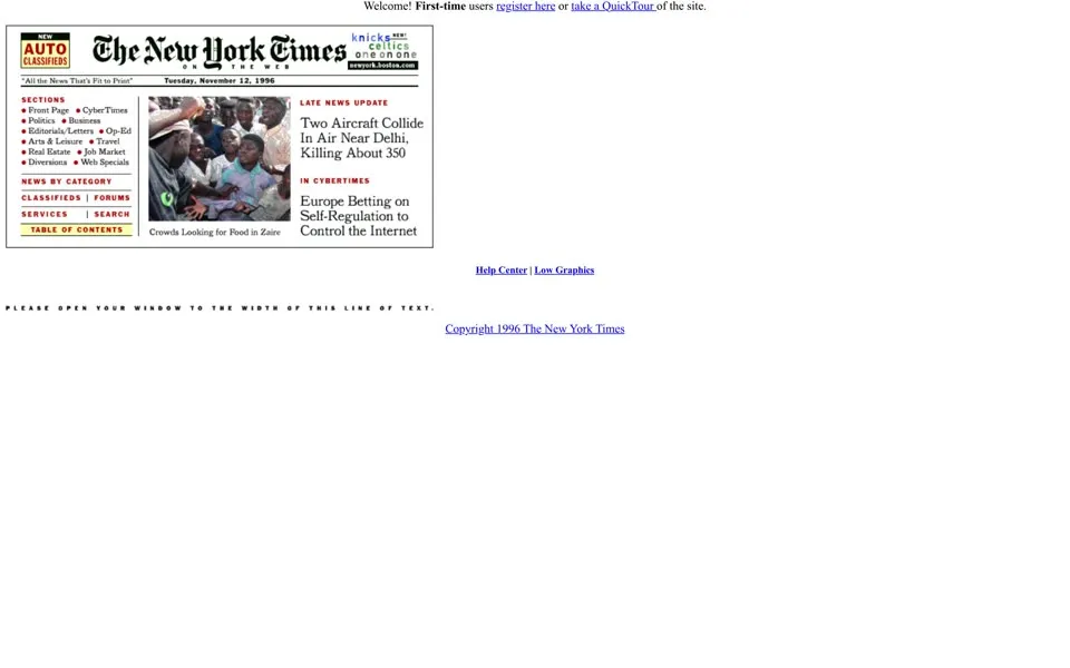 nytimes.com homepage in 1996