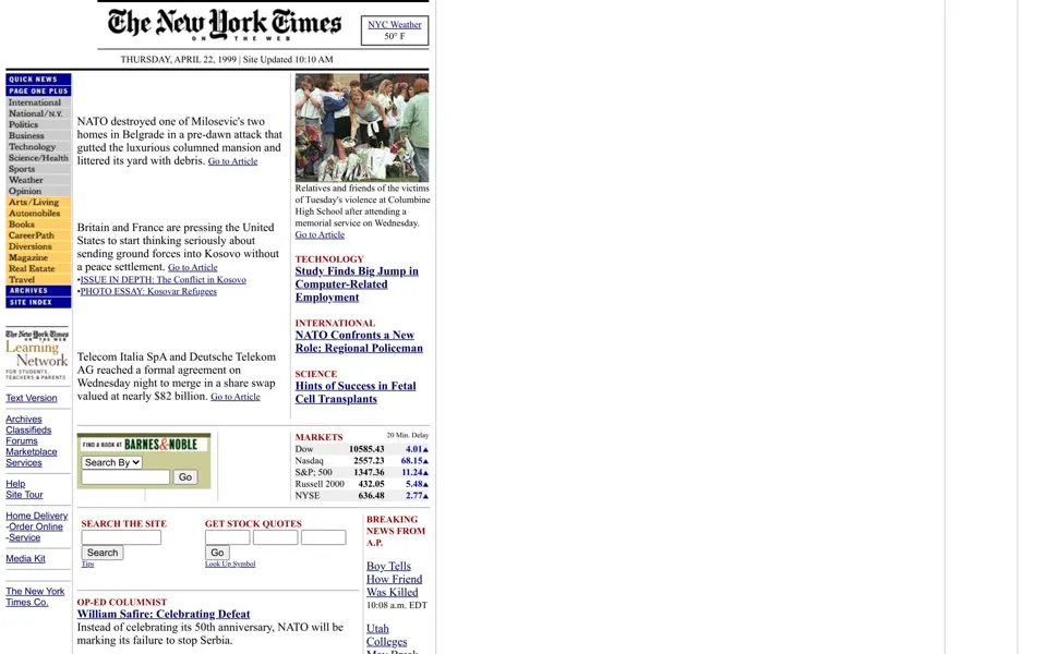nytimes.com homepage in 1999