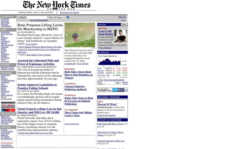 nytimes.com homepage in 2001