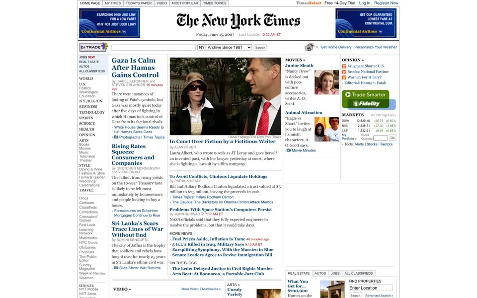 nytimes.com homepage in 2007
