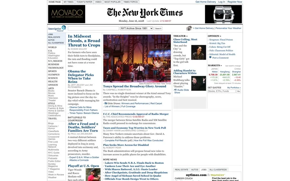 nytimes.com homepage in 2008