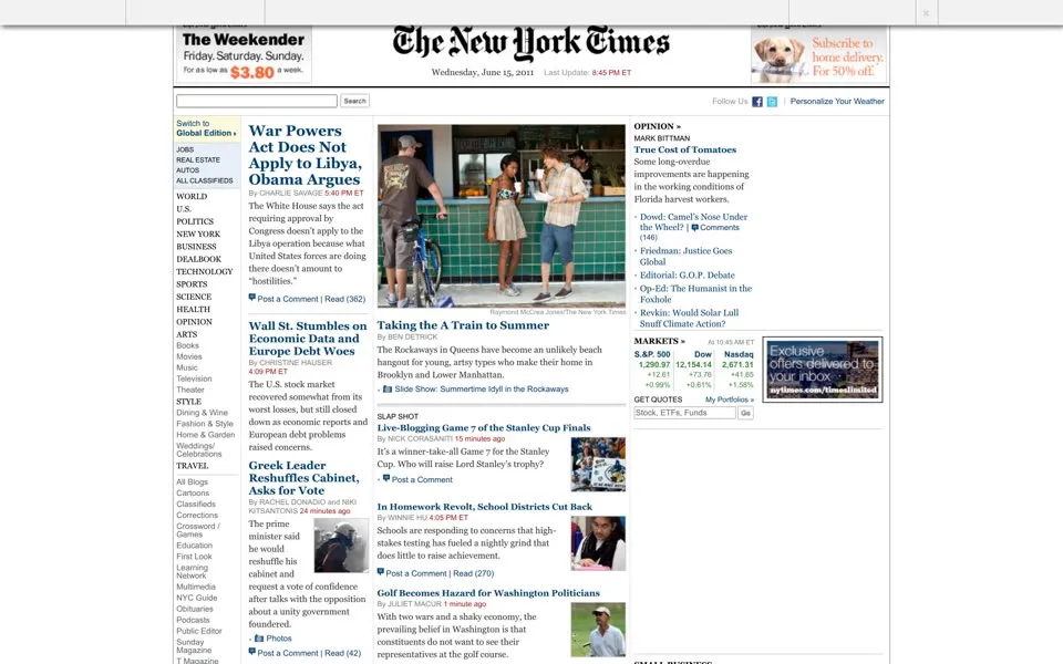 nytimes.com homepage in 2011