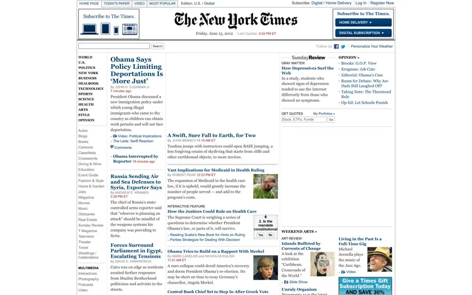 nytimes.com homepage in 2012