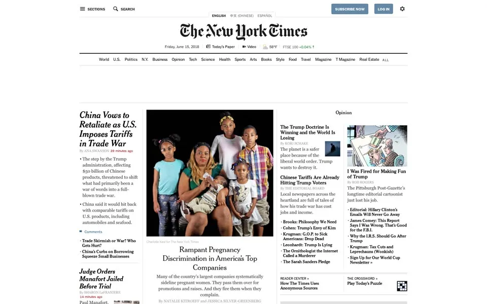 nytimes.com homepage in 2018