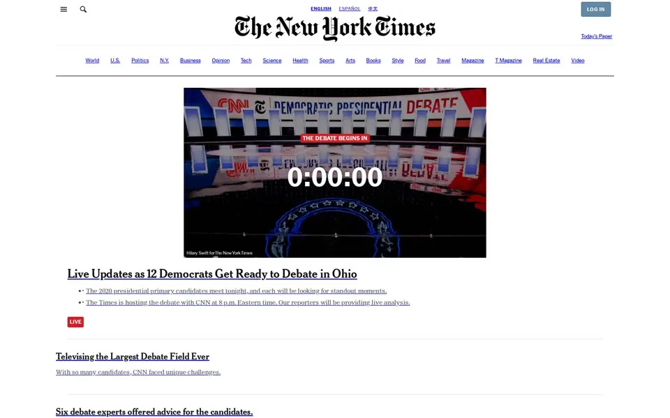 nytimes.com homepage in 2019