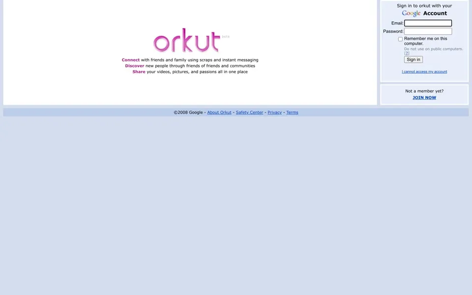 orkut.com homepage in 2008